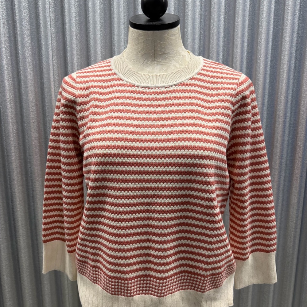Adrianna Papell Coral and Cream Striped Crewneck Sweater